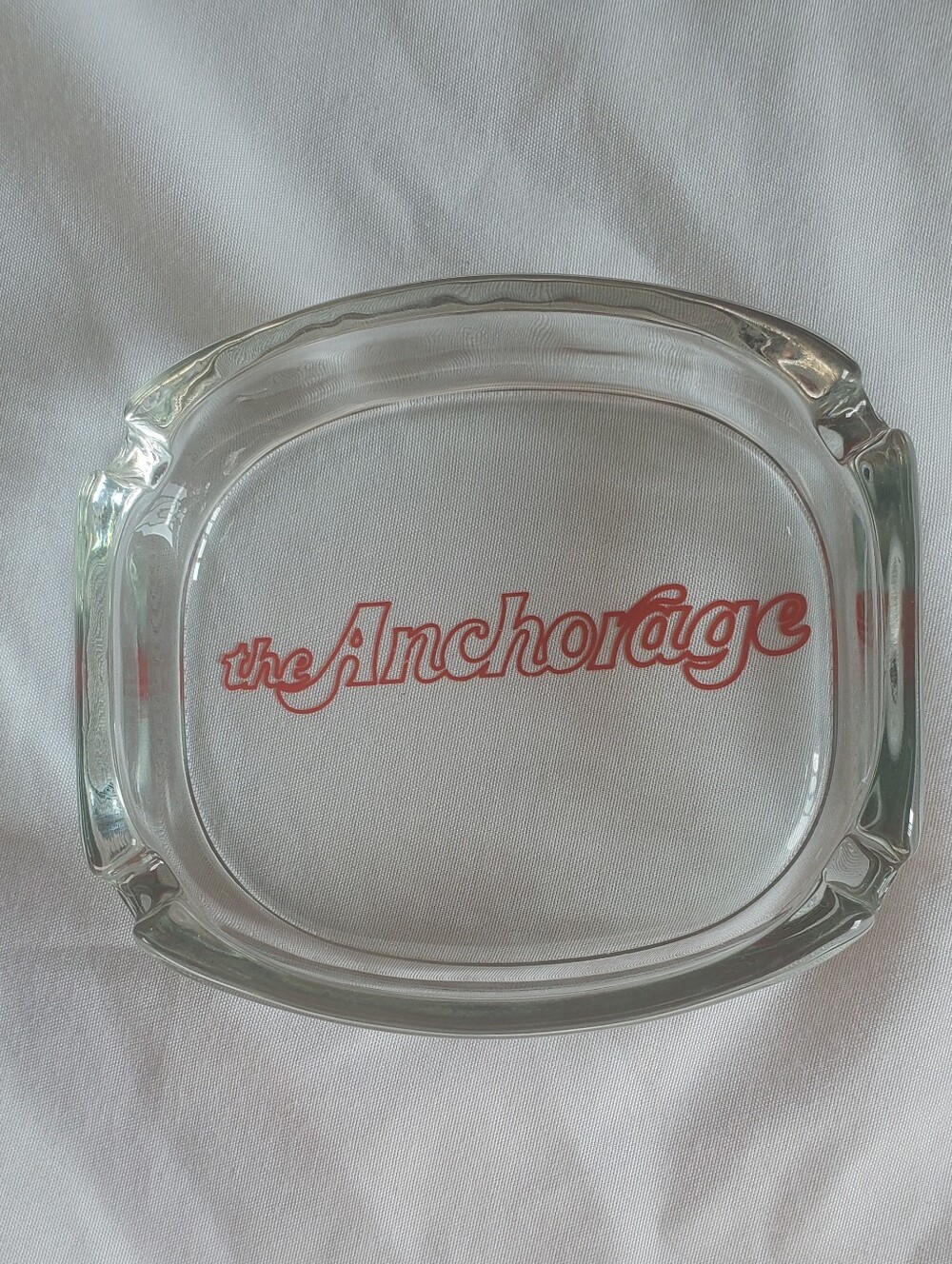 The Anchorage Vintage Clear Glass Ashtray with Red Script Logo Retro MCM EUC